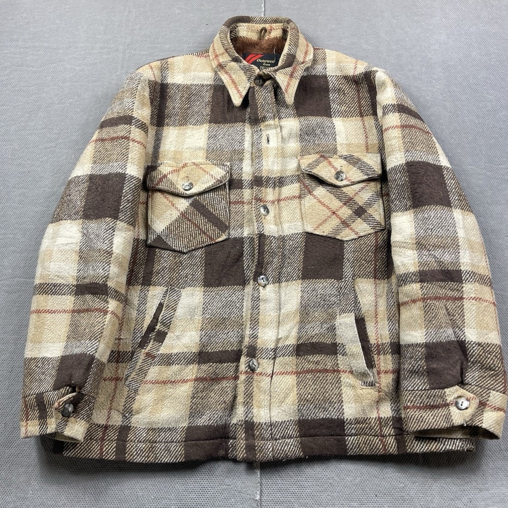 VINTAGE Sears Jacket Mens Large Plaid Wool‎ Blend Faux Fur Lined Chore Outerwear